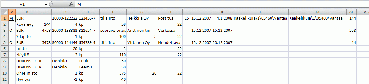 Laskuaineiston siirtotiedosto esimerkki