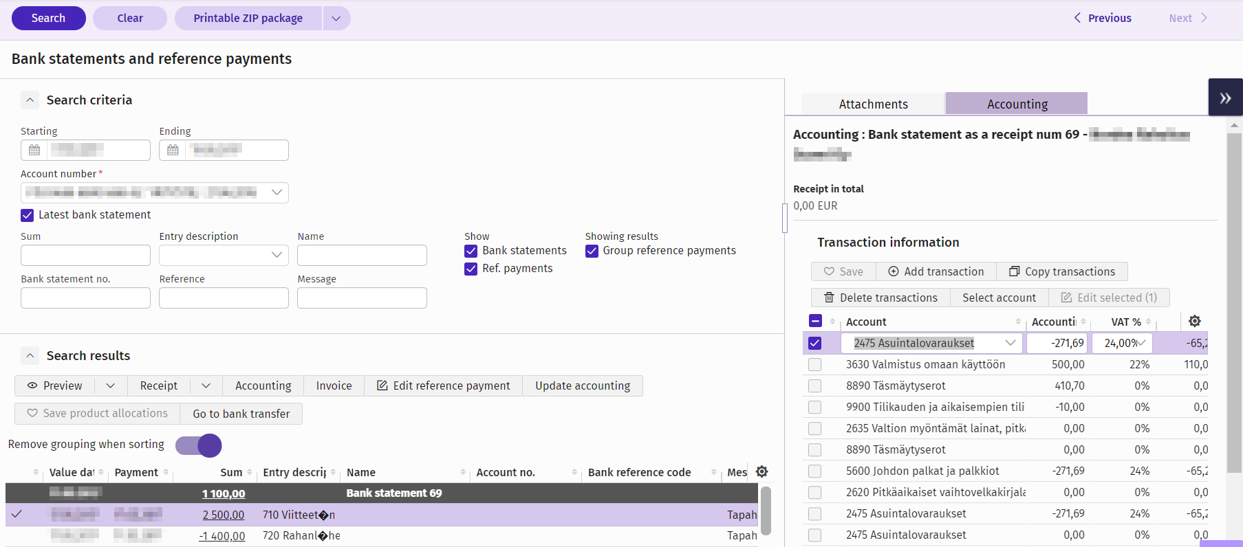 Bank statements and reference payments Procountor